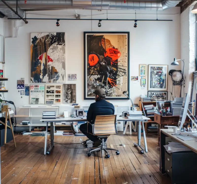 Person sitting at a desk in an art-filled studio with large abstract paintings on the wall.
